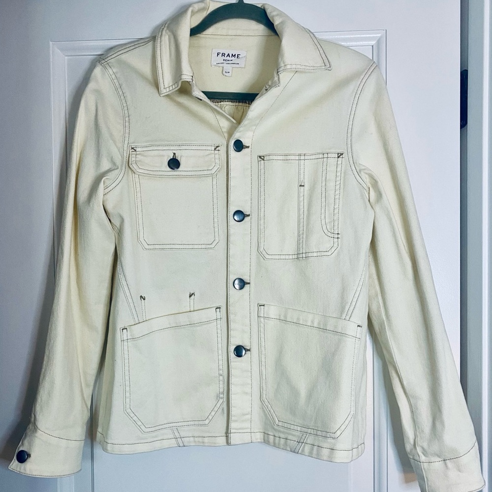 FRAME STRETCH DENIM CARPENTER JACKET IN OFF WHITE/IVORY - Picture 1 of 5